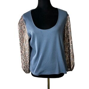 Dolan Left Coast Collection Blue Ribbed Knit‎ Top Patterned Balloon Sleeves